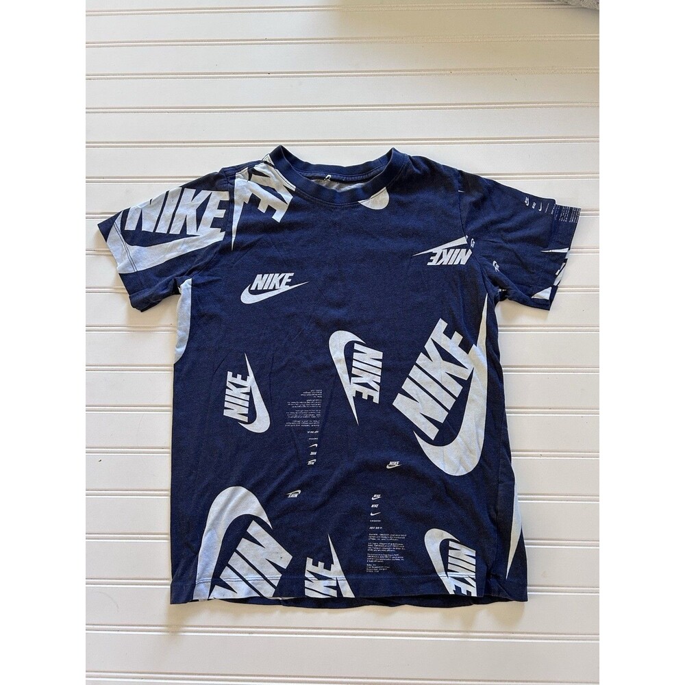 Nike Allover Swoosh Logo Print Shirt Boys Large L Navy Blue Athletic Tee Trainin